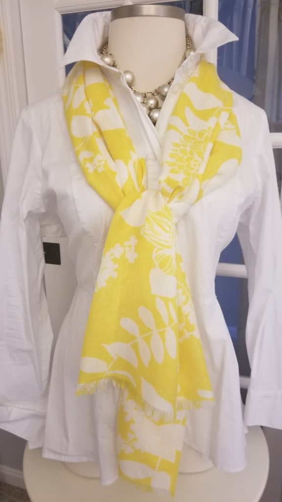 Pantone Colors of the Year yellow scarf with white shirt